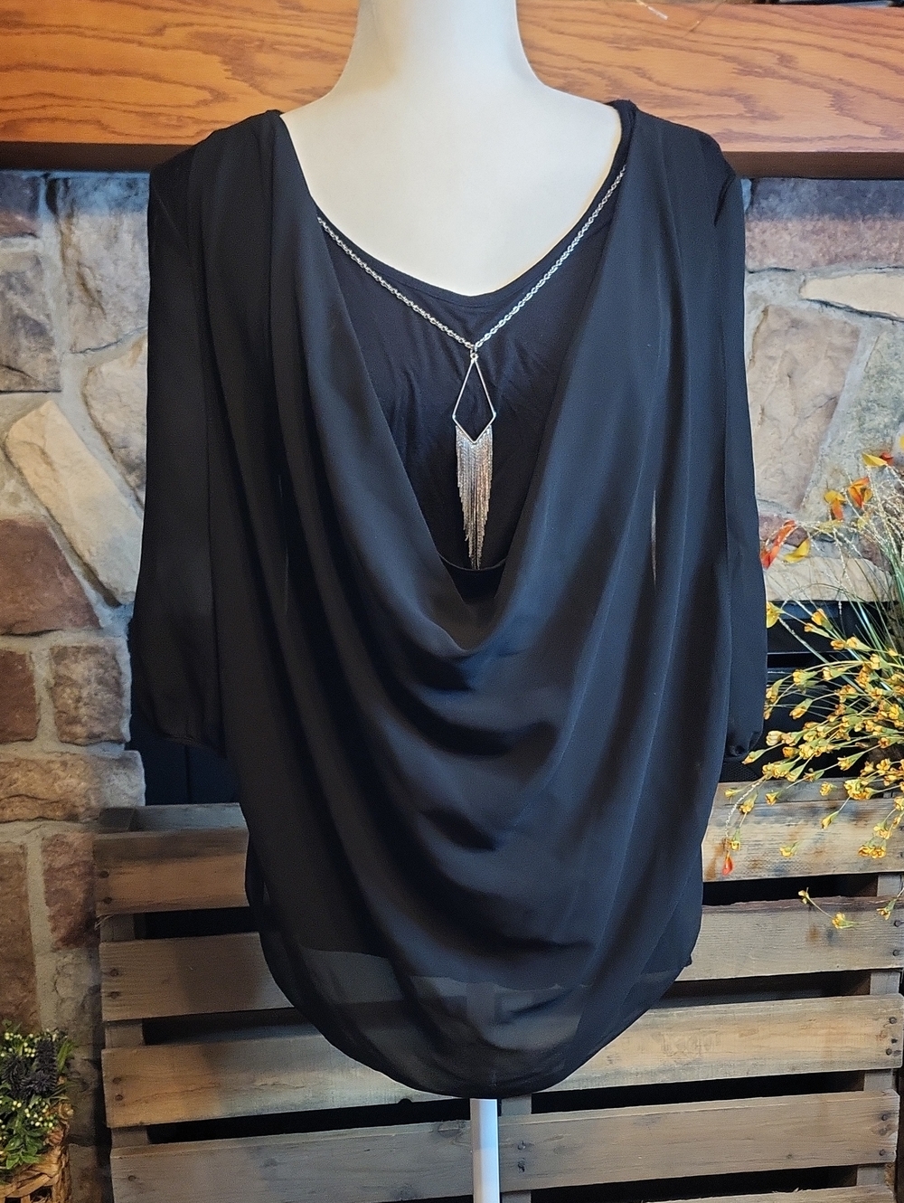 Iz Byer Black Draped Cowl Blouse with Silver Necklace Accent